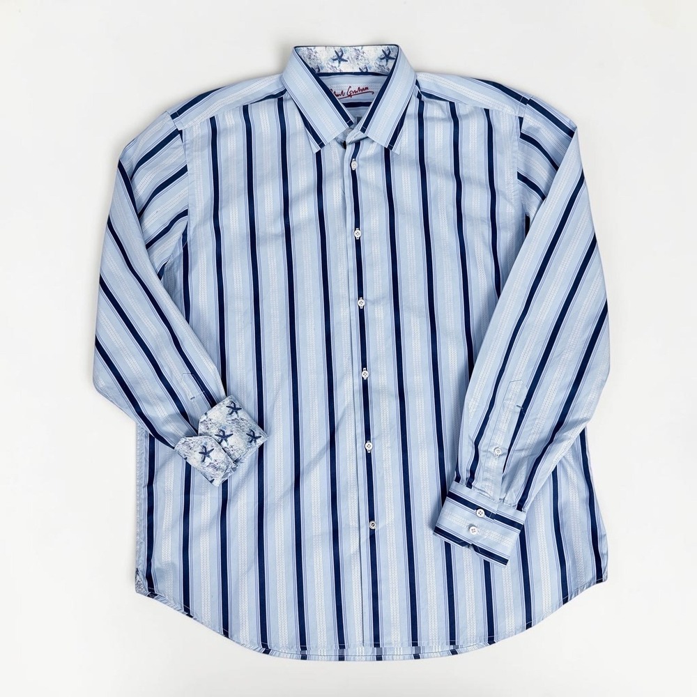 Robert Graham Mens Blue Striped Long Sleeve Button Down Shirt XL Starfish Cuffs